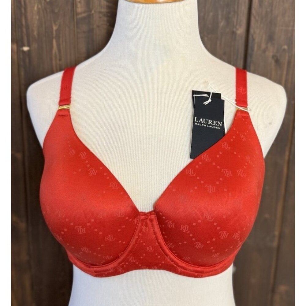 Lauren Ralph Lauren 34DDD RUBY RED Full Coverage T-Shirt Bra logo Print NEW